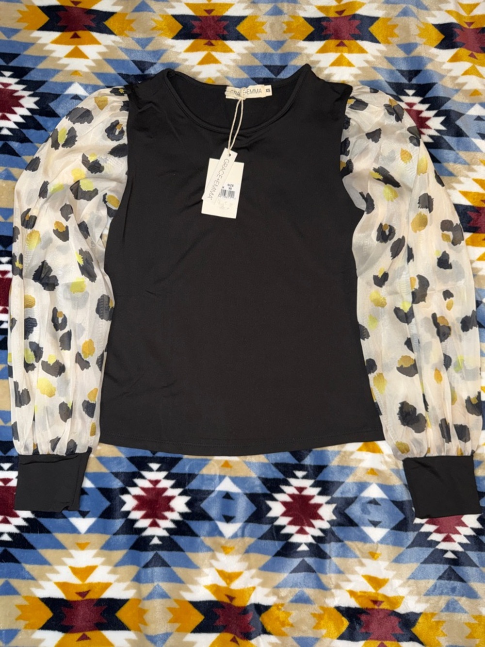 Black Blouse with Printed Sheer Puff Sleeves NWT